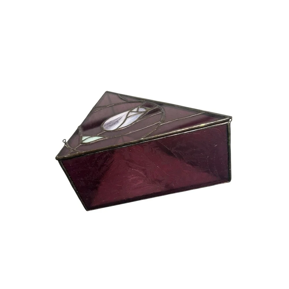 Handmade Stained Glass‎ Rose Jewelry Box Purple Amethyst Triangle Trinket Box